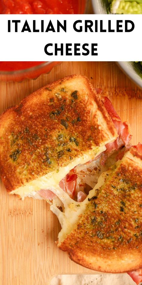 a cheesy Italian grilled cheese on a wood cutting board Tuscan Grilled Cheese, Pennini Sandwich, Grilled Cheese With Prosciutto, Italian Sandwich Sauce, Grilled Italian Sandwiches, Sandwich And Soup Ideas, Italian Grilled Cheese Sandwich, Panini Sauce, Prosciutto Sandwich Ideas