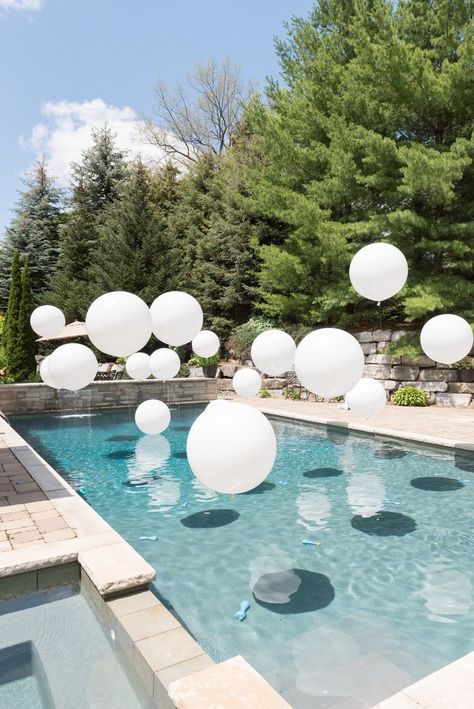 Balloons In Pool, Engagement Party Balloons, Backyard Engagement Parties, White Pool, Outdoor Bridal Showers, Backyard Tent, Pool Wedding, Jumbo Balloons, Poolside Party