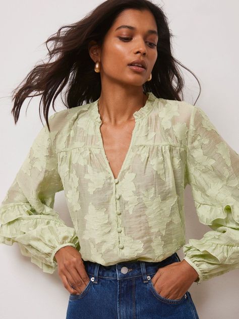 Bringing a neat addition to your wardrobe, this blouse from Mint Velvet is intricately textured with jacquard motifs. Framed with a v-neckline and long sleeves, it is made from a light yet durable blended fabric and is an everyday wardrobe essential. Going Out Trousers, Romantic Blouses, Linen Loungewear, How To Iron Clothes, Mint Velvet, Clothing Care, Everyday Wardrobe, Floral Blouse, Modest Outfits