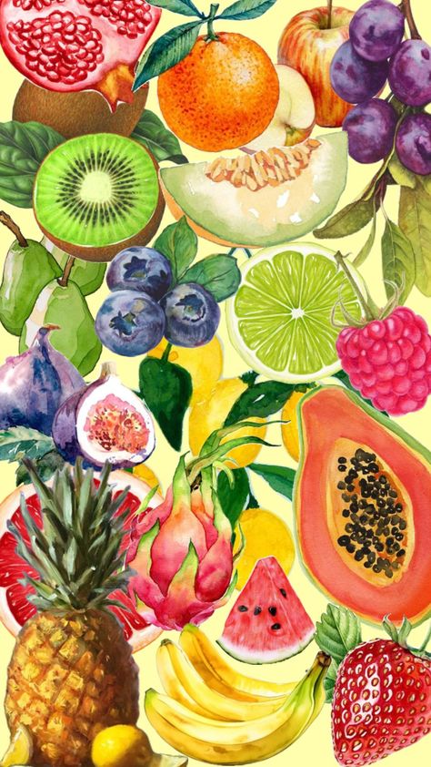 Fruits Wallpaper Aesthetic, Summer Prints Wallpaper, Fruit Collage, Wallpaper Purple, Wallpaper Iphone Summer, Fruit Wallpaper, Iphone Wallpaper Photos, Art Wallpaper Iphone, Tropical Fruits