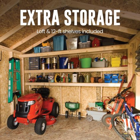 The Heartland statesman 10-ft. x 16-ft. Wood storage shed is packed with value. 7-Ft. Tall side walls give you plenty of vertical height for rakes, shovels and ladders. A storage loft and two shelves keep all tools and equipment organized and within reach. An extra-wide 64-in. Door opening makes it easy to bring tractors, lawnmowers, bicycles and wheelbarrows in and out. This is the perfect shed for the doers and makers of the world. Heartland Statesman 10-ft x 16-ft Wood Storage Shed (Floor Inc Storage Building Organization, Farm Equipment Storage, Small Storage Building, Tool Shed Organizing, Shed Shelving, Wood Storage Shed, Garden Shed Interiors, Garage Workbench Plans, Garage Storage Inspiration