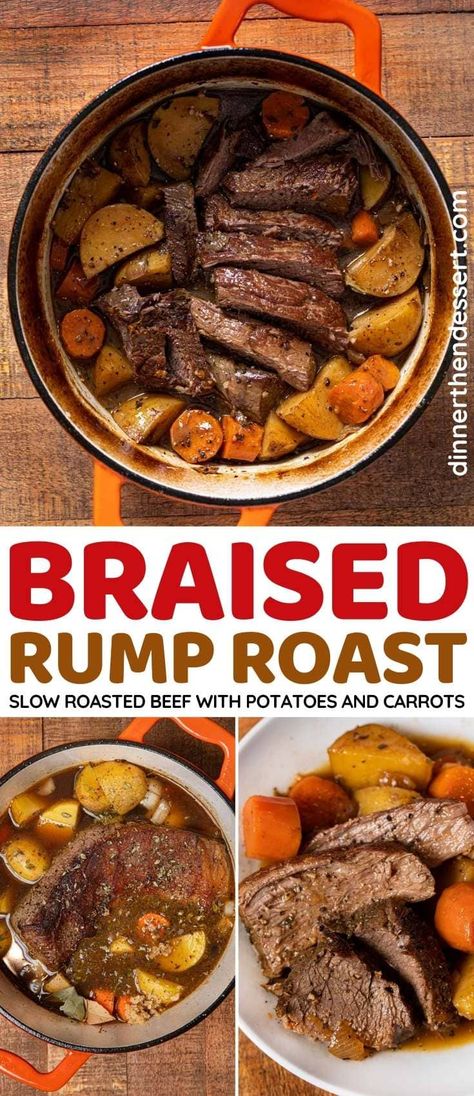 Easy Rump Roast is a hearty, easy one pot meal of tender, flavorful slow roasted beef with potatoes and carrots. Perfect for Sunday dinner. Slow Roasted Beef, Beef With Potatoes, Beef Rump Roast, Rump Roast, Perfect Pot Roast, Roasted Potatoes And Carrots, Pot Roast Crock Pot Recipes, Beef Rump, Dinner Beef