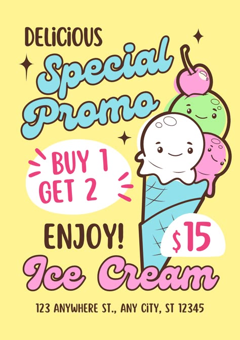 See more templates in my Canva portfolio 👉 https://www.canva.com/p/olegnik/ ⭐️ This design meets the following characteristics: ice cream shop promotion marketing ice cream cone advertise cute yellow illustrative ad Ice Cream Poster Design Ideas, Advertisement Poster Drawing, Print Ads Design, Ads Creative Advertising Ideas Ad Design, Ice Cream Advertisement, Children's Day Poster, Ice Cream Poster, Food Banner, Photo Collage Maker