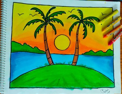 Oil Pastel Scenery Easy, Oil Pastel Art Nature, Oil Pastel Simple Drawing, Oilpastel Drawing Pastel Art, Landscape Easy Drawing, Oil Pastel Drawings Easy Scenery, Natural Scenery Drawing, Landscape Drawing For Kids, Simple Nature Drawing