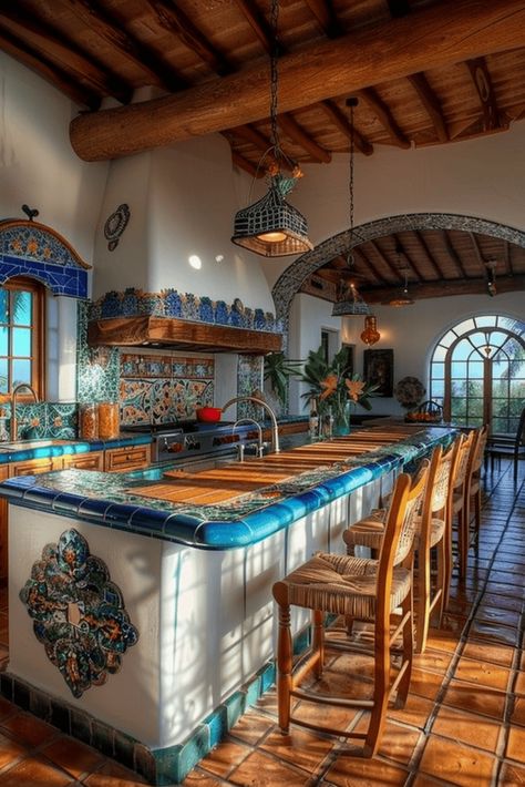 Mexican Hacienda Kitchen in white, blue and teal Mexican Hacienda Kitchen, Hacienda Style Homes Mexican, Hacienda Style Kitchen, Mexican Style Kitchens, Hacienda Kitchen, Hacienda Decor, Hacienda Homes, Mexican Kitchen Decor, Spanish Home Decor