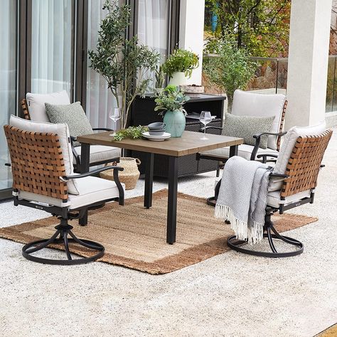 Boho Patio Set Wood Patio Table, Wicker Swivel Chair, Round Metal Table, Porch Table, Dining Table Brown, Swivel Rocking Chair, Chairs Outdoor, Outdoor Patio Designs, Swivel Dining Chairs