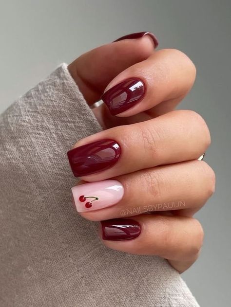 September nail designs: cherry red nails Red Fall Nails Short, Girlish Nail Art, Autumn Nails Dark Red, Neutral Holiday Nail Designs, Burgundy Gel Nails Design, November Nail Ideas Square, Fall Nails Design 2024, Red Golden Nails, Autumn Pink Nails