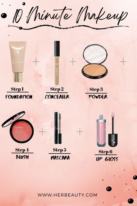 There are 6 easy steps which will help you to do your makeup in 10 minute. This steps are good for beginner. All the product which are use is from "HER BEAUTY" which have amazing collection of makeup. Makeup Basics For Beginners Step By Step, Basic Makeup List For Beginners, No Makeup Makeup Steps, Basic Makeup Steps, Mekup Steps, Simple Makeup Steps, 10-minute Makeup, Make Up Steps By Step, Beginner Make Up Tutorial Step By Step