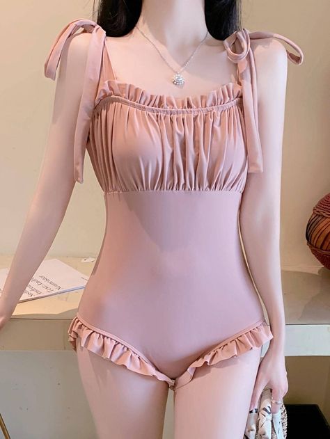 Solid Ruched Bust Frill Trim Tie Shoulder Ruffle Hem One Piece Swimsuit Swimsuit With Ruffles, Wattpad Ideas, Swimwear Aesthetic, Kawaii Swimsuit, Swimsuit Pattern, Ruffle Swimsuit, Dream Style, Swim Wear, Aesthetic Images