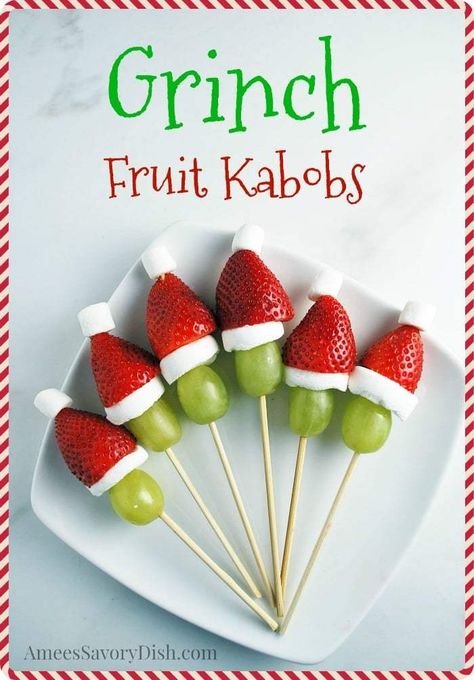 Kabobs Fruit, Grinch Fruit, Grinch Fruit Kabobs, Grinch Kabobs, Holiday Snack, Healthy Snack Alternatives, Fruit Appetizers, Fruit Kabobs, Kabob Recipes