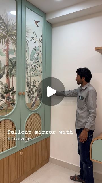 Meraki Homes on Instagram: "Pullout mirror with storage" Wardrobe Laminate Design With Mirror, Dressing Mirror Ideas With Storage, Pullout Mirror Wardrobe, Room Wardrobe Design With Mirror, Mirror Wardrobe Bedroom, Hidden Dresser, Wardrobe With Dresser, Wardrobe Mirror Design, Pull Out Mirror