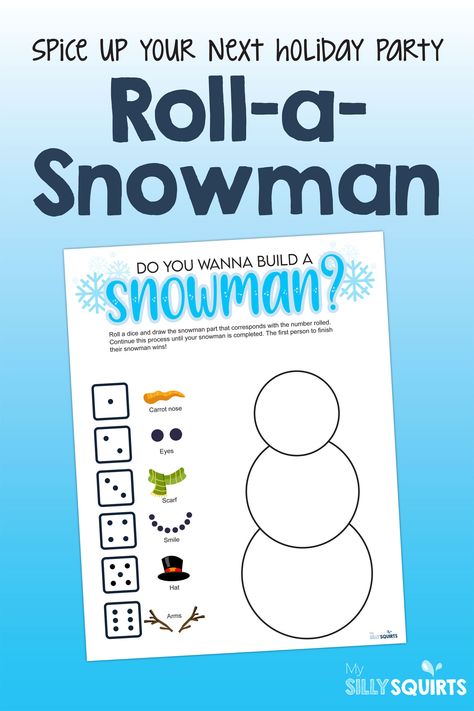 Roll A Snowman or Build A Snowman, whatever you call it, it's the same fun printable Christmas party game for kids and you're going to love it. This easy dice game can be printed from home and played with adults and kids alike. It's super fun and makes the perfect addition to any holiday party. Check it out! printable Christmas party game | Christmas games for kids | snowman game | dice game | kids Christmas games Kindergarten Xmas Party Games, Roll A Snowman Game Free Printable, Diy Winter Games For Kids, Snowman Dice Game Printable, Draw A Snowman On Your Head Game, Holiday Games For Kids Christmas, Holiday Classroom Games Kids, Build A Snowman Dice Game, Roll A Snowman Dice Game