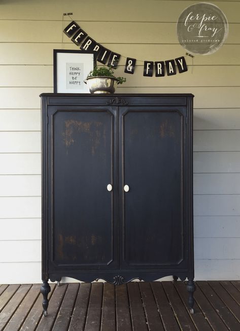 Black Armoire Makeover #armoiremakeover Farmhouse Armoire, Black Painted Furniture, Armoire Makeover, Painted Armoire, Grey Bedroom Furniture, Antique Wardrobe, Antique Armoire, Bedroom Armoire, Wardrobe Furniture