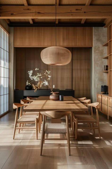 20 Japandi Dining Rooms That Blend Elegance and Simplicity! - My Decor Inspo Japandi Interior Design Dining Room, Dining Room Decor Japandi, Japandi Dining Room Table, Japandi Style Dining Room, Modern Airbnb Decor, Dining Room Japandi, Japandi Condo, Dining Table Japandi, Japandi Interiors Kitchen