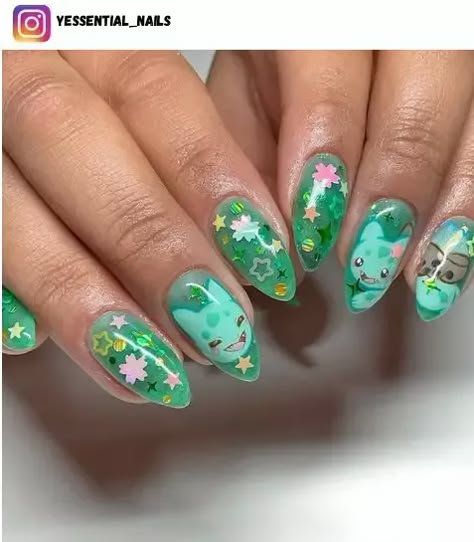 Jelly Nails Designs Short, Kawaii Anime Nails, Squishmallow Nail Art, Flower Inlay Nails, Nail Art Cottagecore, Bulbasaur Nails, Kawaii Acrylics, Nail Ideas Kawaii, Kawaii Gel Nails