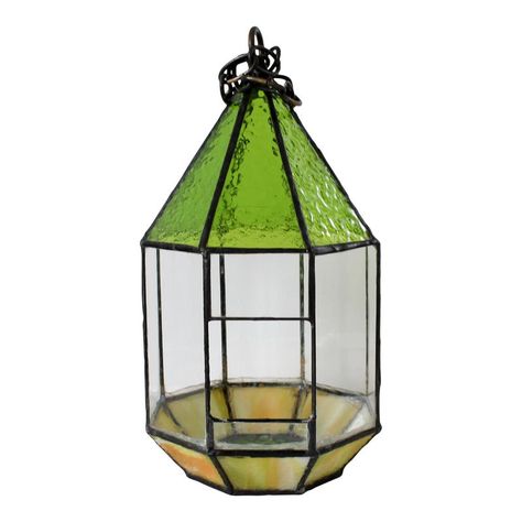 Vintage glass terrarium or atrium plant holder with green and yellow stained glass. Can be hung or set on a table top. No makers mark. Minor age wear. Ready to hang. Stained Glass Terrarium, Plant Terrarium, Viking Glass, Glass Pumpkins, Glass Terrarium, Plant Holder, Stain Glass, Dream House Decor, Green And Yellow