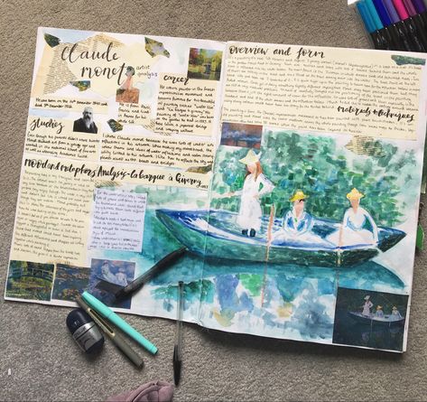 Gcse art research and analysis, claude monet, watercolour copy Watercolour Gcse Sketchbook, Croquis, Gcse Textiles Artist Research Page, Igcse Boards Art, Claude Monet Artist Study, Art Analysis Gcse, Art Gcse Analysis, Gcse Artist Analysis Page, Claude Monet Sketch