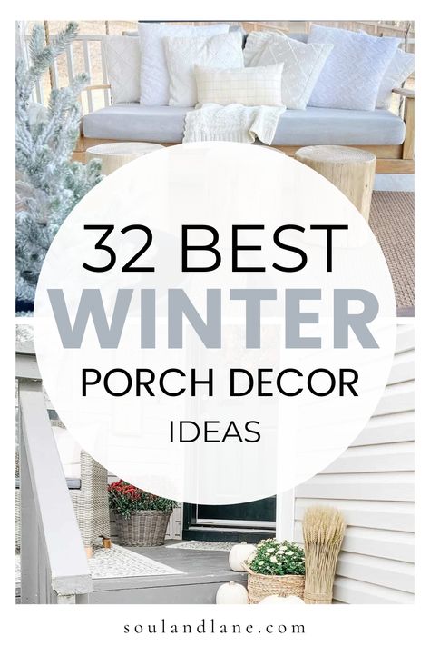 Elevate your front porch with the charm of winter. From festive lighting to cozy textiles, these ideas will turn your outdoor space into a winter wonderland adding a touch of enchantment to your home's exterior. Winter Patio Furniture, Winter Outdoor Bench Decor, Exterior Winter Decor, Winter Decor Front Porch Non Christmas, Winter Front Porch Decor Rustic, Winter Decor Outside, Small Porch Winter Decor, Winter Exterior Decor, Farmhouse Winter Porch Decor