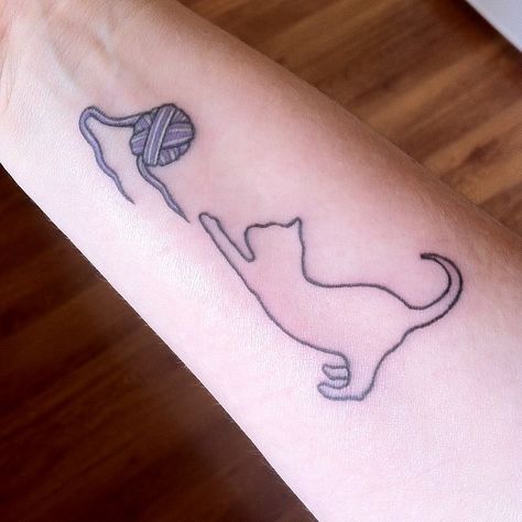 My new cat + yarn tattoo. Done by Peter at TCB Tattoo. Cat And Yarn Tattoo, Cat Yawning Tattoo, Mom Cat And Kitten Tattoo, Tcb Tattoo, Cat With Ball Of Yarn Drawing, Cat Tatoos, Cat Playing With Yarn, Cat Silhouette Tattoos, Yarn Tattoo