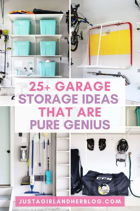 Collage of a neatly organized garage, featuring large storage bins and shelves, highlighting practical garage storage ideas. Garage Organization Small Items, Organizing Small Garage Ideas, Garage Organizer Ideas Easy Diy, Holiday Storage Ideas Garage, Small One Car Garage Organization, Garage Racking Ideas, Garage Tub Storage, Garage Garbage Storage, Garage Hooks Organization Ideas