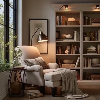 The Cozy Corner: Designing a Reading Nook for Book Lovers Foyer Reading Nook, White Reading Room, Book Corner In Living Room, Reading Nook In Living Room Corner, Oversized Reading Chair Corner, Office And Book Room, Elegant Reading Corner, Book Corner Living Room Cozy Nook, Cozy Nook Living Room