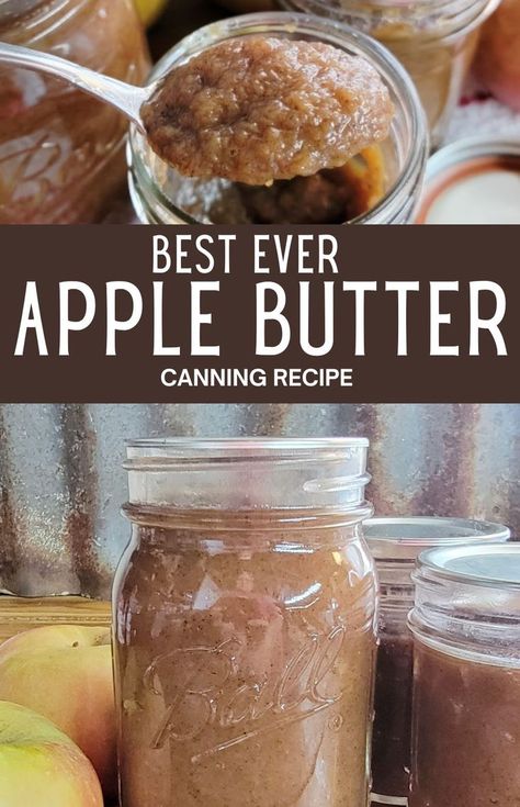 homemade apple butter on a spoon with  pint jar of the same Apple Butter Canning Recipe, Recipe For Apple Butter, Easy Apple Butter Recipe, Easy Apple Butter, Canning Apples, Apple Butter Recipe, Homemade Apple Butter, Canning Recipe, Canned Apples