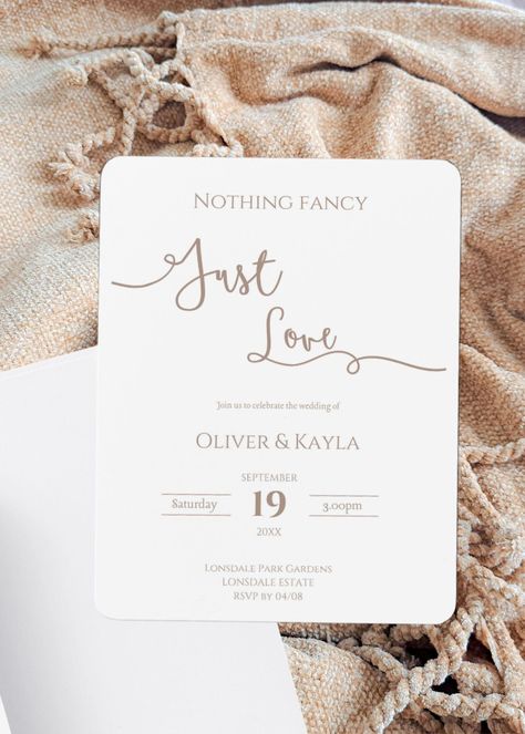 Just Love invitation, Elopement, Wedding, Reception, Minimalist Invitation, Announcement, Nothing Fancy, Modern, Canva template Invite -This is not a physical product. Nothing will be shipped to you!- This is a self edit template. After purchase, you will be provided with the links to edit your invitation set. *if using on mobile, you will need to download the free Canva app. HOW IT WORKS 1. Add this listing to your cart OR click "buy now" 2. Checkout 3. Once payment is confirmed, check your ema Elope Invitations, Minimalist Invitation, Edit Template, Canva App, Elopement Ideas, Elopement Wedding, Wedding Invitation Paper, Invitation Set, Paper Template