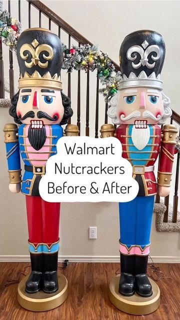 Christmas Porch Nutcracker, Nutcrackers Makeover, 75 Inch Nutcracker, Painted Walmart Nutcracker, Outdoor Nutcracker Christmas Decor, Walmart Nutcracker Diy, Diy Large Nutcracker, Nutcracker Cutout, Wooden Nutcracker Painting Ideas