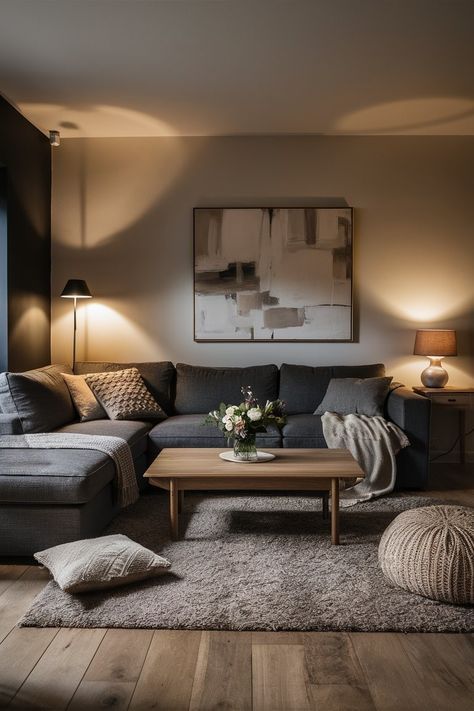 Dark Great Couch Living Room, Cozy Apartment Aesthetic Living Room Dark, Cozy Living Room With Grey Couch, Dark Academia Apartment Aesthetic Living Room, Living Room With Charcoal Sofa, Dark Couch Light Room, Apartment Black Decor, House Inspiration Living Room, Dark Apartment Living Room