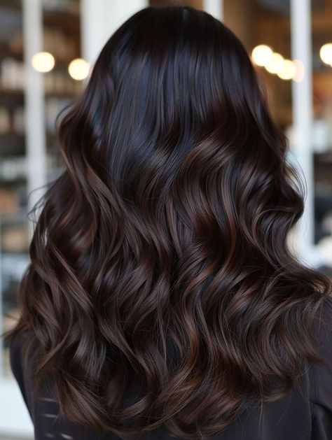 Dark Hair With Dark Balayage, Fall Hair Color For Black Hair Balayage, Dark Long Hair Styles, Brunette Balayage Hair Black, Dark Brown On Black Hair, Fall Brunette Hair Color Dark, Espresso Balayage Dark Brown, Fall Dark Hair Ideas, Balayage For Dark Black Hair