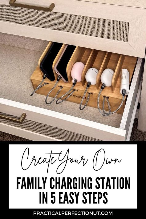 Create Your Own Family Charging Station in Five Easy Steps - Practical Perfection Family Technology Station, Tech Charging Station Ideas, Hidden Phone Charging Station, Home Charging Station Ideas, Hidden Charging Station Ideas, Electronics Charging Station, Family Charging Station, Charging Station Cabinet, Charging Station Ideas