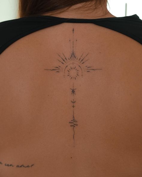 Sun ☀️ with unalome LISBON @namestattoo - bookings are open for October 5-13,20-30. For bookings and all details fill out the application form via link in my bio #handpoke #stickandpoke #handpokers #stickandpoketattoo North Star Tattoo Placement, Sun Tattoo Feminine, Sun Themed Tattoos, Lower Back Ornamental Tattoo, Small Sun Tattoos For Women, Back Tattoo Sun, Sun Shoulder Tattoos For Women, Sun Inspired Tattoo, Tattoo Of Sun