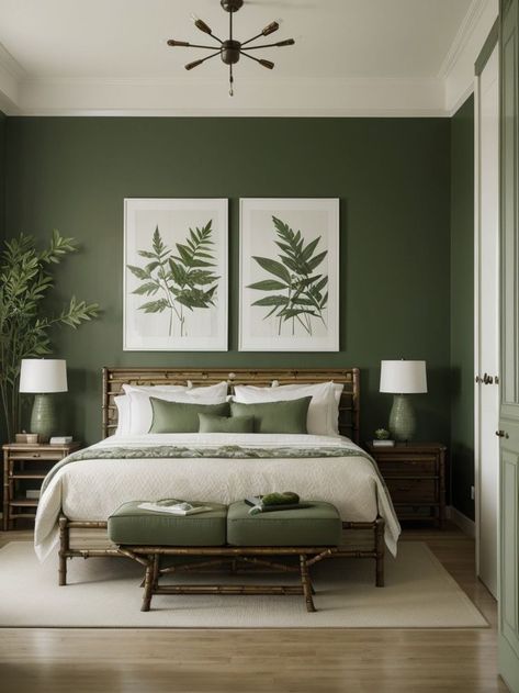 Create a tranquil green oasis by adorning the walls with nature-inspired artwork, such as leaf prints or botanical paintings. Pair it with bamboo furniture and incorporate plants for a fresh and calming atmosphere. Green Room Ideas Bedroom, Arsitektur Kolonial, Green Bedroom Walls, Natural Bedroom Decor, Green Bedroom Decor, Natural Bedroom, Sage Green Bedroom, Green Oasis, Bamboo Furniture