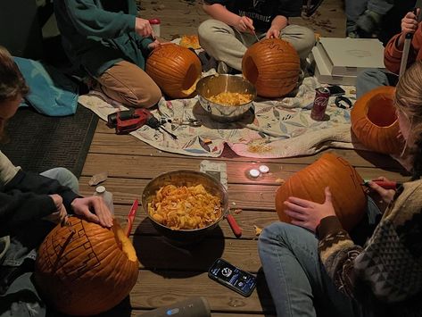 Fall Nostalgia Aesthetic, 2000s Fall Aesthetic, Fall Party Aesthetic, Autumn With Friends, Summerween Aesthetic, Halloween Sleepover, Fall Boards, Carving Pumpkins, Pumpkin Carvings