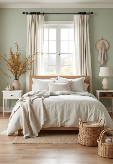 Sage Green Farmhouse Bedroom Light Green Farmhouse Bedroom, Cream And Light Green Bedroom, Guest Room Color Ideas, Beige And Sage Green Bedroom, Sage And White Bedroom, Sage And Cream Bedroom, Sage Green And White Bedroom, Sage Green Farmhouse Bedroom, Green Farmhouse Bedroom