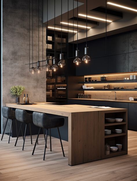 Modern Industrial House, Modern Kitchen Design Trends, Black Modern Kitchen, Modern Industrial Interior, Modern Kitchen Interiors, Industrial Interior Design, Kitchen Design Trends, Modern Kitchen Cabinets, Kitchen Inspiration Design