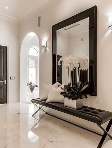 Designing Your Entryway: Sleek Bench & Statement Mirror Entryway Decor Bench And Mirror, Big Foyer Ideas Entryway, Large Entry Way Mirror Ideas, Black Large Mirror, Black White Entryway, Large Hallway Decorating Ideas, House Entryway Ideas Modern, Entrance Interior Design Modern, Entrance Mirror Design