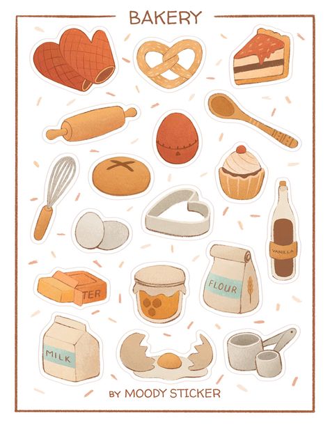 Baking Stickers Free Printable, Food Scrapbook Ideas, Food Stickers Aesthetic, Food Stickers Printable, Recipe Stickers, Baking Scrapbook, Journalling Stickers, Baking Drawing, Sticker Sheet Ideas