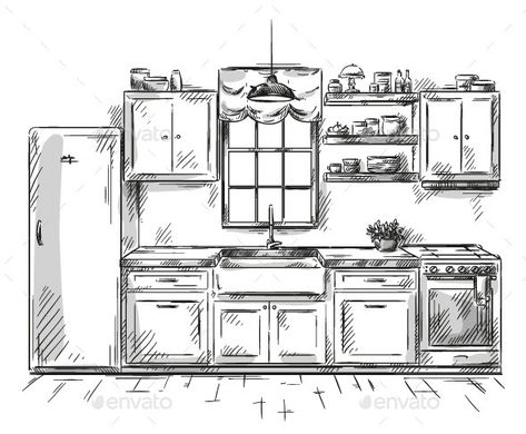 Kitchen Interior Drawing, Sink Drawing, Kitchen Background, Interior Drawing, Interior Dapur, Furniture Design Sketches, Kitchen Drawing, Interior Architecture Drawing, Drawing Interior