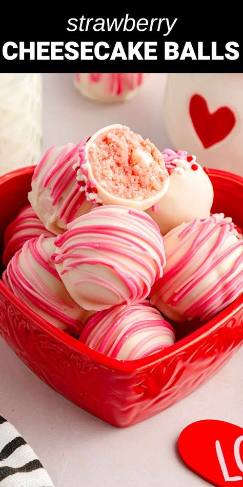 Cake Truffles Recipe, Strawberry Truffle, Cheesecake Balls, Strawberry Cake Filling, Strawberry Cheesecake Bites, Cake Ball Recipes, Truffles Recipe, Strawberry Cake Mix, Valentine Desserts