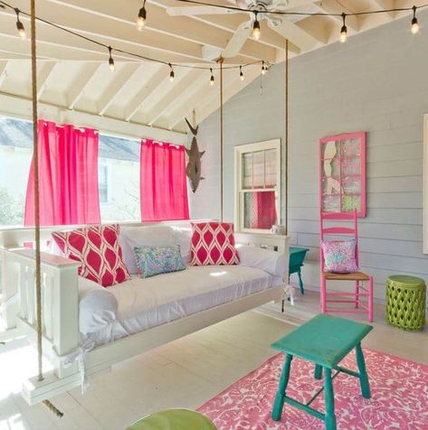 Beach Themed Sunroom, Cute Beach House Aesthetic, Whimsical Beach House, Beach House Decor Ideas Small Spaces Coastal Cottage, Unique Beach House Decor, Beach House Painted Furniture, Small Cottage Decorating Ideas, Bright Beach House Decor, Beach Style Home