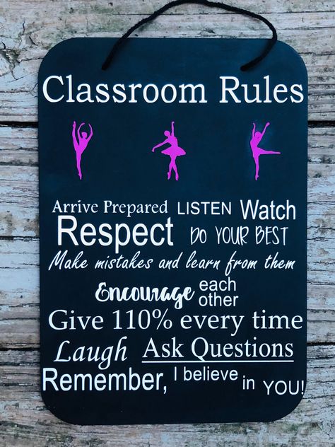 "Add some inspiration and adoration to your dance studio room(s) with this chalkboard sign. This sign is one of a kind and created by Riverbend Designs Owner, Melissa who is a former studio owner and current teacher.  The sign measures 10\"x7\" and is made using white vinyl for extra pop and visibility. Choose your dancer color from the drop down list." Dance Studio Decorations, Dance Class Rules, Dance Classroom Decorations, Dance Studio Room, Dance Studio Lobby, Dance Team Fundraisers, Classroom Encouragement, Dance Room Decor, Dance Classroom