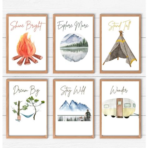 Camping nursery theme Boys Outdoor Theme Bedroom, Outdoor Theme Bedroom, Camping Nursery Theme, Adventure Kids Room, Camping Theme Bedroom, Camping Nursery, Camping Wallpaper, Six Photos, Big Boy Bedrooms