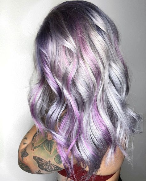 Silver Hair with Purple Streaks Balayage, Hair Silver Highlights, Purple Natural Hair, Silver Purple Hair, Purple Hair Streaks, Purple Blonde Hair, Bright Purple Hair, Purple Grey Hair, Purple Hair Highlights