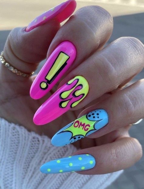 Comic Nail Art, Coral Nails With Design, Pop Art Nails, Nail Art Diy Easy, Coral Nails, Nail Jewels, Dope Nail Designs, Nail Art Designs Diy, Neon Nails