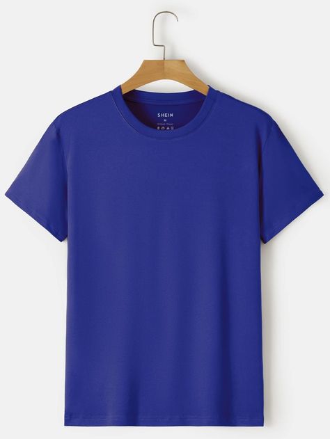 Men Solid Round Neck Tee | SHEIN USA Tshirt Bleu, Plain Blue T Shirt, Royal Blue Shirt, Mens Plain T Shirts, Royal Blue T Shirt, Outfits Hombre, Plain T Shirt, Round Neck Tees, Blue Tee