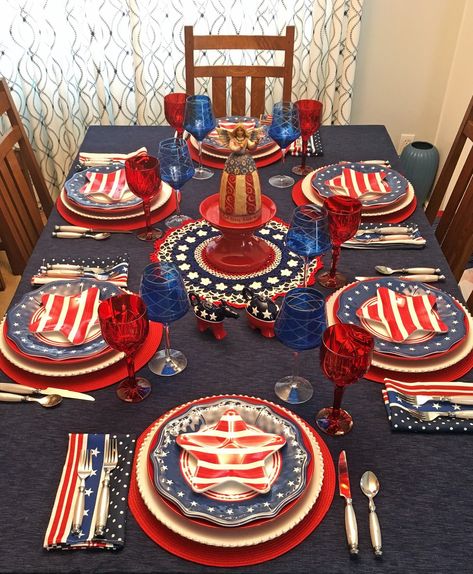 Red, White, and Blue, for Me and You, Stars and Stripes, Patriotic, 4th of July, Fourth, Americana, More information about this table setting on my blog: https://www.whispersoftheheart.com/blog/2019/6/4/red-white-and-blue-for-me-and-you Whispers Of The Heart, Summer Tablescapes, Fourth Of July Decor, 4th Of July Celebration, Patriotic Party, 4th Of July Decorations, Patriotic Holidays, July Crafts, 4th Of July Party