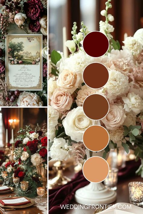 Renaissance wedding theme ideas for a historic, elegant look. Enchanted Wedding Color Palette, Wedding Color Schemes Timeless, Fairy Wedding Color Palette, Pride And Prejudice Wedding Aesthetic, Bridgeton Wedding Theme, Simple Wedding Colors, Historic Wedding Theme, Dark Romantic Wedding Color Schemes, Hobbit Wedding Theme