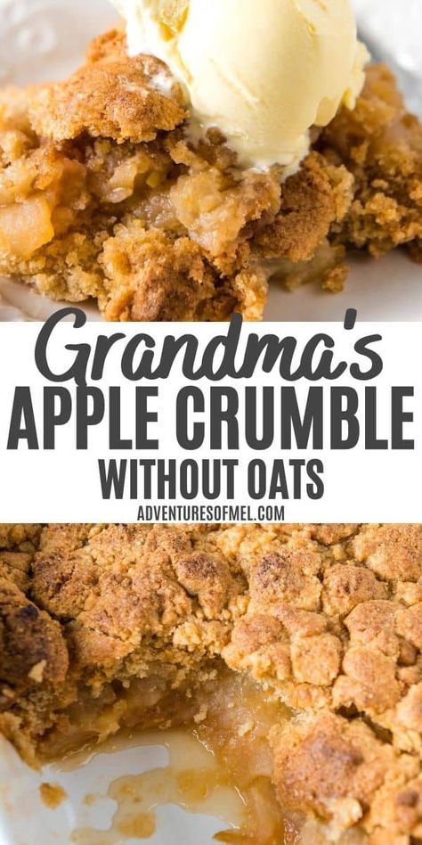 How to make an easy homemade apple crumble without oats, from Grandma's recipe box. Sliced apples with the best cinnamon brown sugar topping. Apple Crisp Topping Crumble Without Oats, Best Apple Crumble Recipe, Apple Crumble Recipe Easy, Apple Crumble Topping, Apple Crisp No Oats, Apple Crisp Without Oats, Crumble Recipes, Easy Apple Crumble, Apple Crumb Cakes