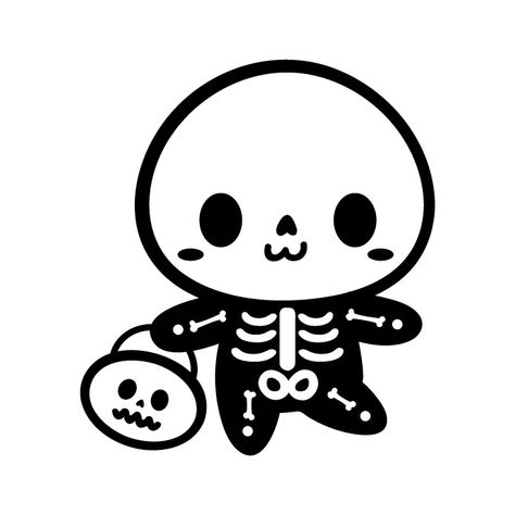 cute skeleton simple with pumpkin bucket lineart Skeleton Cartoon Characters, Skeleton Sketch Simple, Cute Skeleton Drawing, Simple Skeleton Drawing, Skeleton Simple, Chibi Skeleton, Skeleton Outline, Kawaii Skeleton, Skeleton Cute